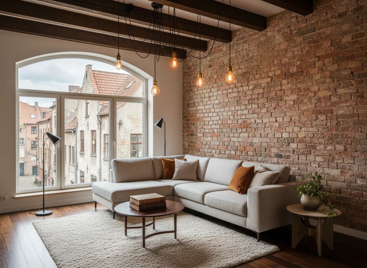 Cozy loft apartment with exposed brick walls and warm lighting in historic Kaliningrad building, no text