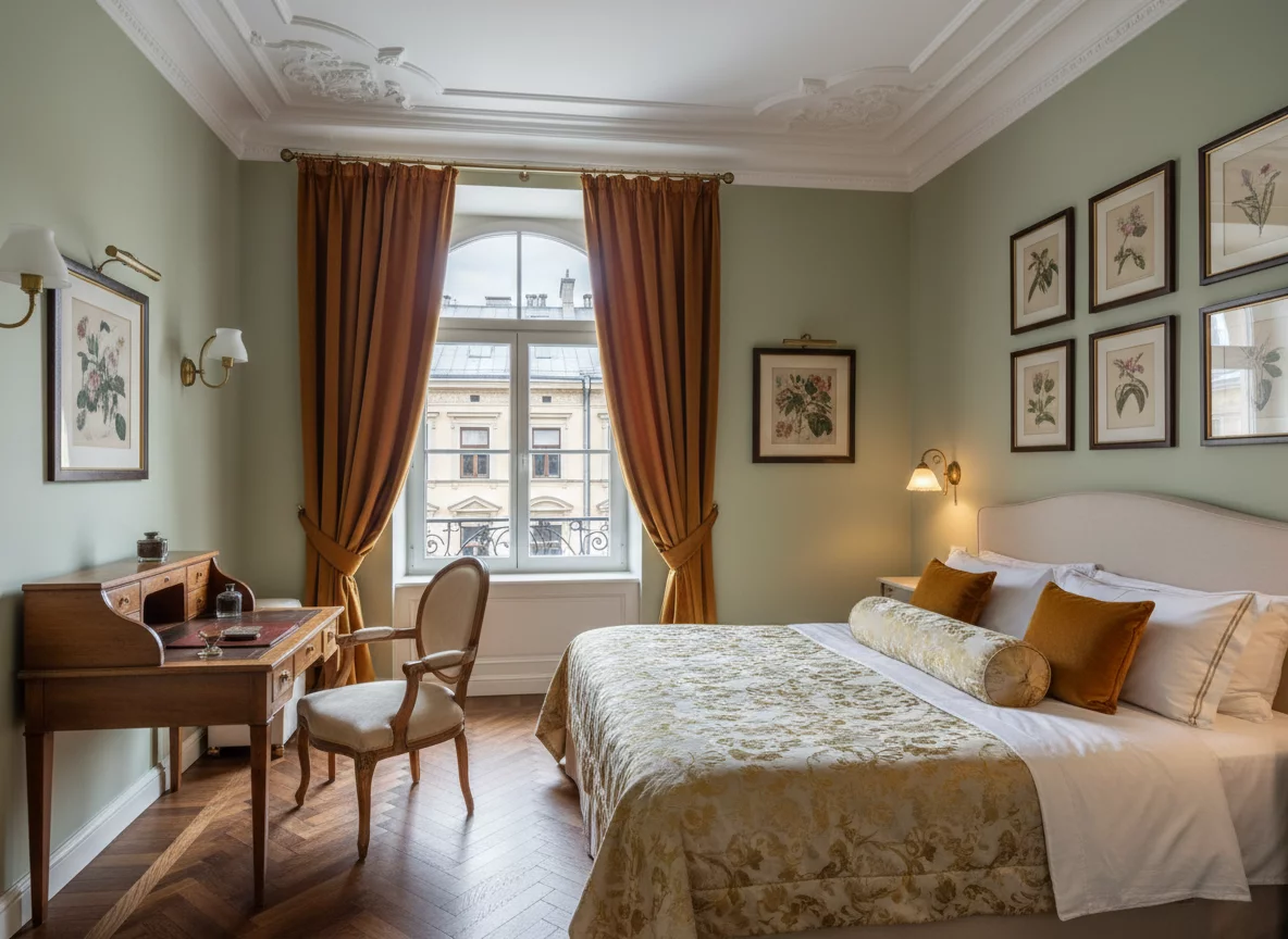 Elegant one-bedroom apartment with classic European interior design and warm amber tones, no text