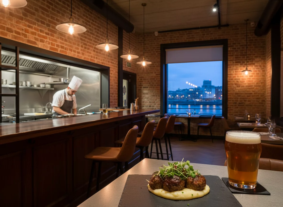 Stylish modern restaurant with brick walls and open kitchen serving traditional German meatballs, no text