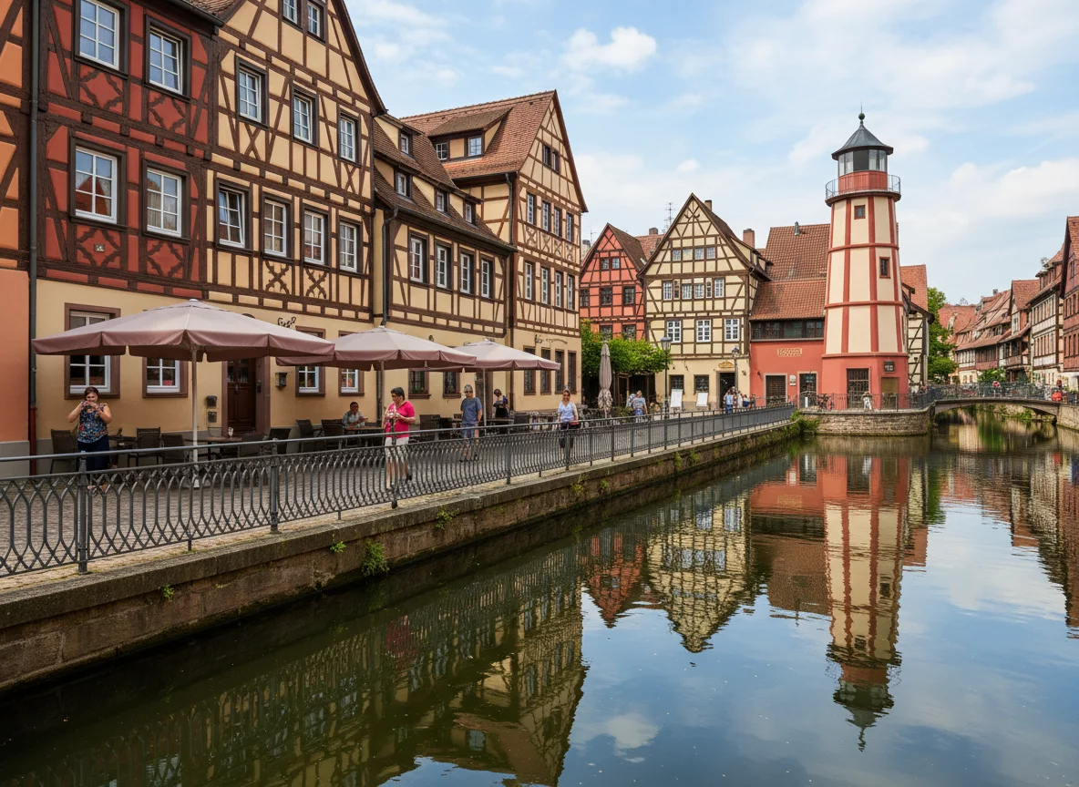 Colorful half-timbered buildings of Fish Village on riverbank in Kaliningrad, European architecture, no text